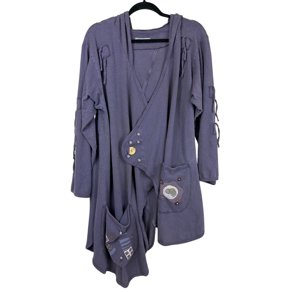 Blue Fish Purple Hooded Long Sleeve Hand Printed Cotton Jacket Size MED LG